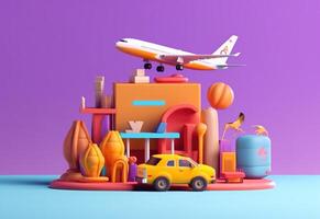 3d rendering of luggage and an airplane, flat background. photo