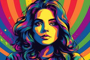 Pride month and LGBTQ awareness illustration. Colorful rainbow woman portrait with photo