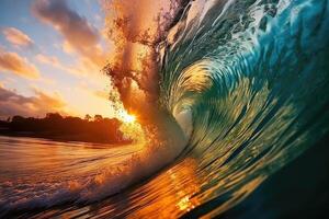 The large ocean wave hitting the shore at sunset. photo