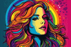 Pride month and LGBTQ awareness illustration. Colorful rainbow woman portrait with photo