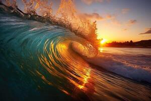 The large ocean wave hitting the shore at sunset. photo