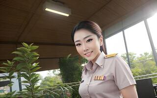 asian woman Thai teacher at school in khaki suit uniform, photo