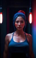 hermosa asiático mujer en parte superior vestir con mezclado color azul y rojo luz, generativo ai foto