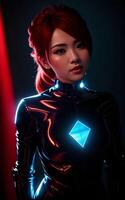 beautiful asian woman in lightweight armor with mixed color blue and red light, photo