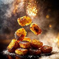 close up of food photography fried chicken stick with black background , photo