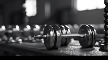 Weights next to barbell in a gym. photo