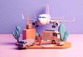 3d rendering of luggage and an airplane, flat background. photo