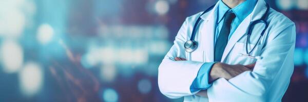 Male doctor with arms folded on the of a blurry background. photo