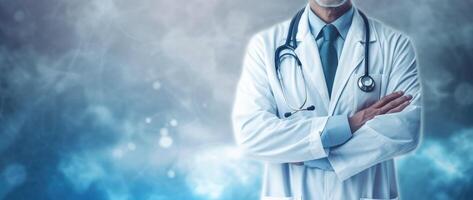 Male doctor with arms folded on the of a blurry background. photo