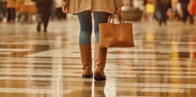 mujer con compras pantalones caminando en calle. generativo ai foto