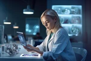 A woman in a lab coat using a tablet computer. photo