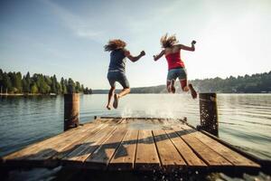 Young couple jumping from dock into the water. photo