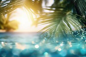 Summer tropical beach background with palm leaves, sparkling water reflections. photo