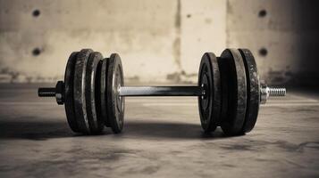 Weights next to barbell in a gym. photo