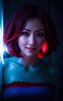 beautiful asian woman with mixed color blue and red light, photo