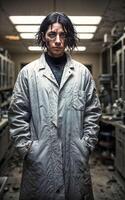 crazy researcher scientist in dirty white lab coat at dirty messy laboratory room, photo