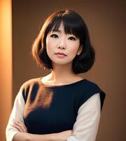 hermosa medio Envejecido asiático mujer destino para imagen a Departamento casa, generativo Arte por ai foto