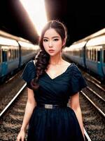 beautiful asian woman at hi speed train station, photo