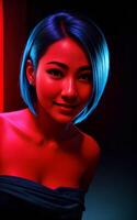 beautiful asian woman with mixed color blue and red light, photo