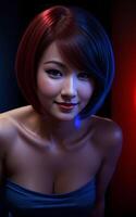 beautiful asian woman with mixed color blue and red light, photo