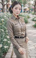 hermosa asiático Tailandia policía mujer a calle, generativo ai foto