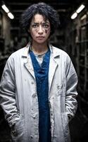 scientist researcher wearing ripped lab coat at laboratory, photo