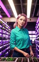 beautiful woman at LED vertical farming plant, photo