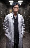 scientist researcher wearing ripped lab coat at laboratory, photo