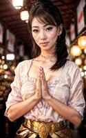 asiático mujer hacer sawasdee o oración actitud a el mercado, generativo ai foto
