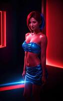 beautiful asian woman with mixed color blue and red light, photo