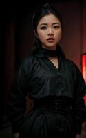 woman in black ninja suit at dark room, photo