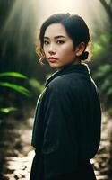 asiático mujer en oscuro de miedo profundo bosque , generativo ai foto
