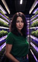 beautiful woman at LED vertical farming plant, photo