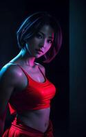 beautiful asian woman in top dress with mixed color blue and red light, photo