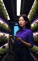 beautiful woman at LED vertical farming plant, photo