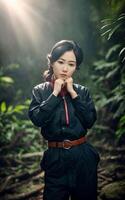 asian woman in dark scary deep forest , photo