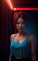 beautiful asian woman in top dress with mixed color blue and red light, photo