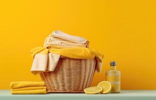 Towels, shampoo and soap in a basket against yellow wall. photo