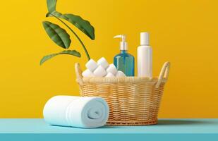 Towels, shampoo and soap in a basket against yellow wall. photo