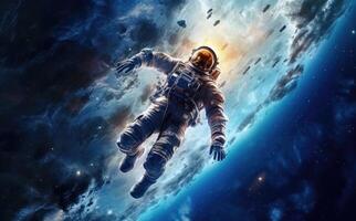 Astronaut in space in a wide angle photo with