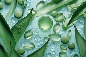 Glass jar of aloe vera juice and fresh aloe vera leaves. photo