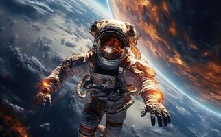 Astronaut in space in a wide angle photo with