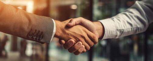 Business people shaking hands in an office. Soft focus. photo