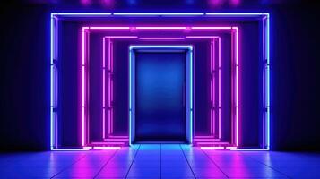 The front door of a room with fluorescent beams of light. Futuristic geometric abstraction, neon lights background. photo