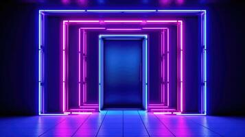 el frente puerta de un habitación con fluorescente vigas de ligero. futurista geométrico abstracción, neón luces antecedentes. generativo ai foto