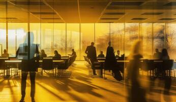 A blurred image of business people in an office, silhouette figures. photo