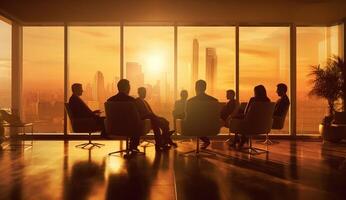 A blurred image of business people in an office, silhouette figures. photo