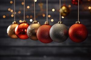 In the New year time colorful hanging christmas balls photo. photo