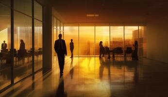 A blurred image of business people in an office, silhouette figures. photo