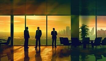 A blurred image of business people in an office, silhouette figures. photo
